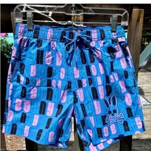 Psycho Bunny Blue and Pink All over Graphic Swim Shorts Men's Size XS